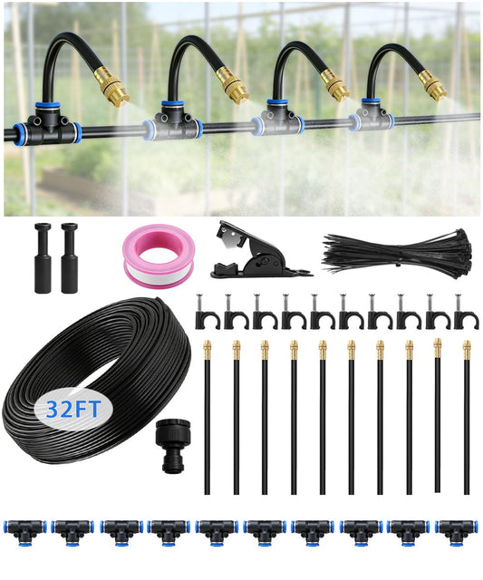 32FT Easy-Snap Garden Irrigation System for Raised Beds & Greenhouses, Upgraded 8mm (5/16") High-Flow PE Tubing with 10 Bendable 360° Copper Nozzles, Quick-Connect Plant Watering Kit