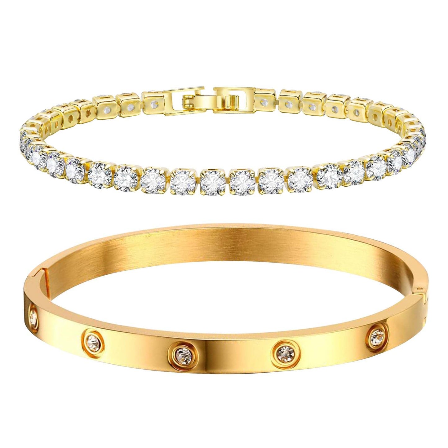 MPRAINBOW Gold Bracelets for Women, 2Pcs 18K Gold Plated Cubic Zirconia Bangle Crystal Friendship Bracelet Jewelry,Wedding Party Christmas Birthday Gift for Girlfriend Sister Daughter
