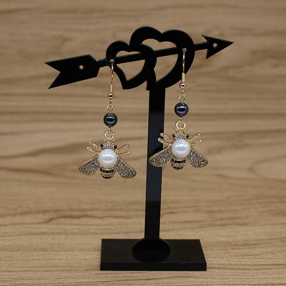 Honey Bee Drop Earrings Crystal Insect Themed Dangle Earring Animal Fashion Shell Pearl Hook Earring Gold Tone for Women Jewelry (white pearl +black pearl hook)