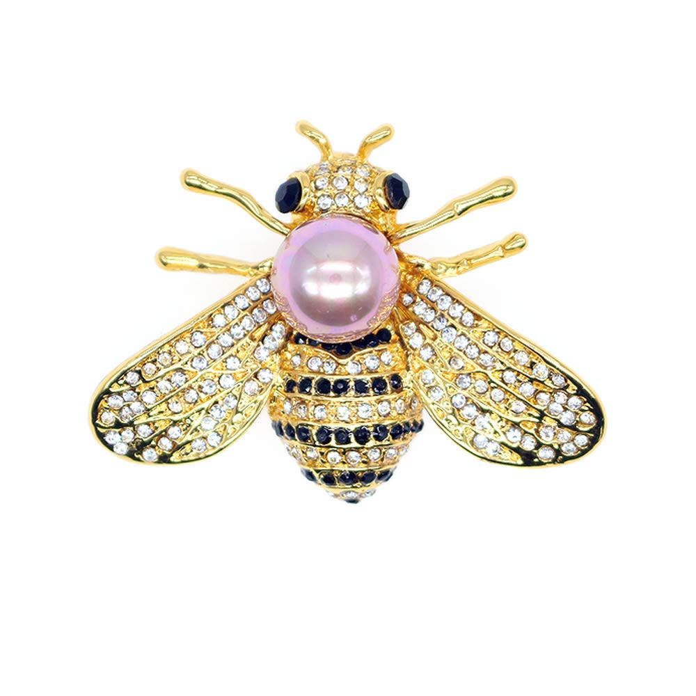 Honey Bee Brooches Crystal Insect Themed Bee Brooch Animal Fashion Shell Pearl Brooch Pin 14K Gold Plated (light purple pearl)