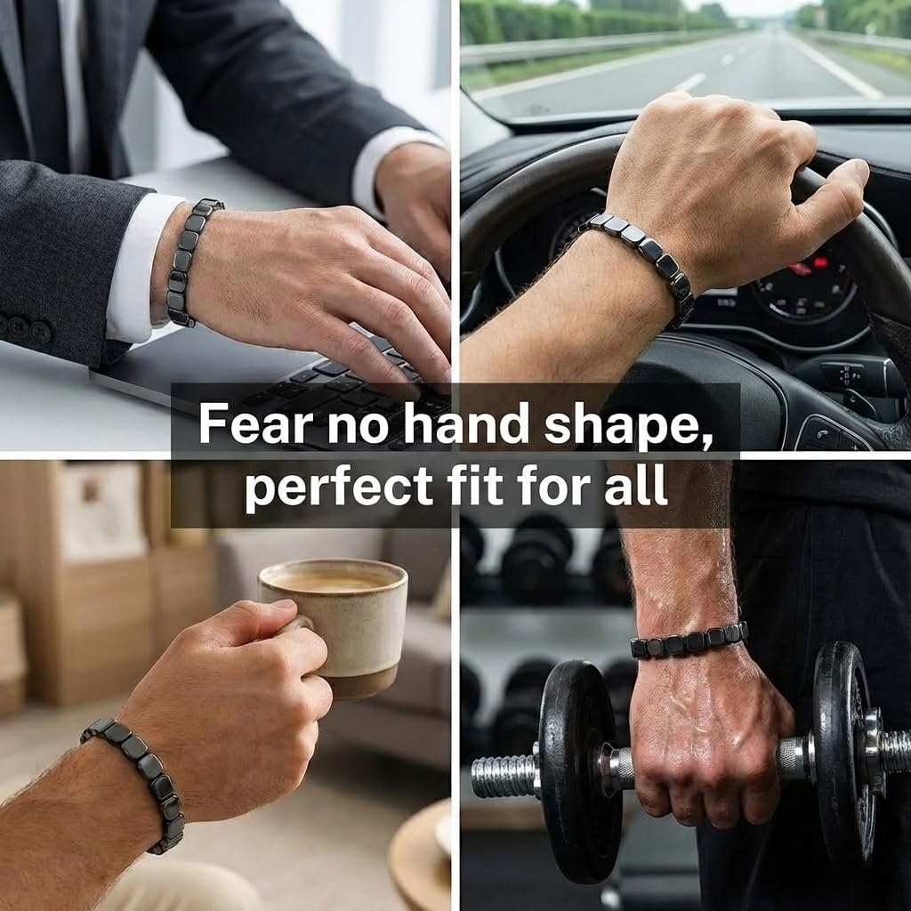 Jingming keji Mens Real Hematite Bracelet 7.8 inch - Natural Stone Square Beaded Black Jewelry with Strong Double Elastic Cord Wellness Power Bracelet with Gift Box