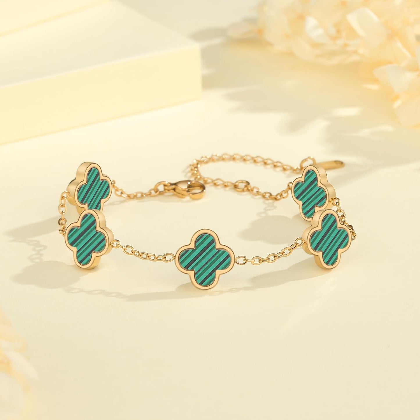 CORSMGSE 18K Gold Plated Clover Lucky Bracelet for Women Gold White Black Pink Green Red Blue Adjustable Double Sided Flower Four Leaf Link Bracelets Trendy Jewelry Gifts for Women Men