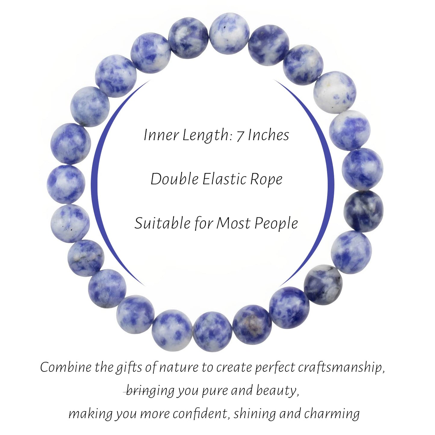 Clearain Natural Gemstones Bracelet 8mm Chakra Round Beads Energy Power Crystal Reiki Healing Elastic Stretch 7 Inch for Women Men Unisex（Blue Dot）