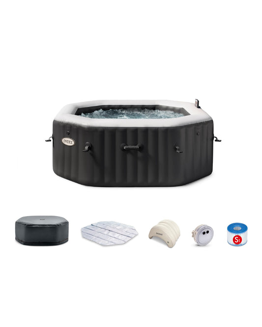 Intex 28457EP 4-Person Onyx Black Octagon Jet & Bubble Deluxe Combo Outdoor Inflatable Portable Hot Tub, Includes Energy Efficient Spa Cover, 63in x 28in
