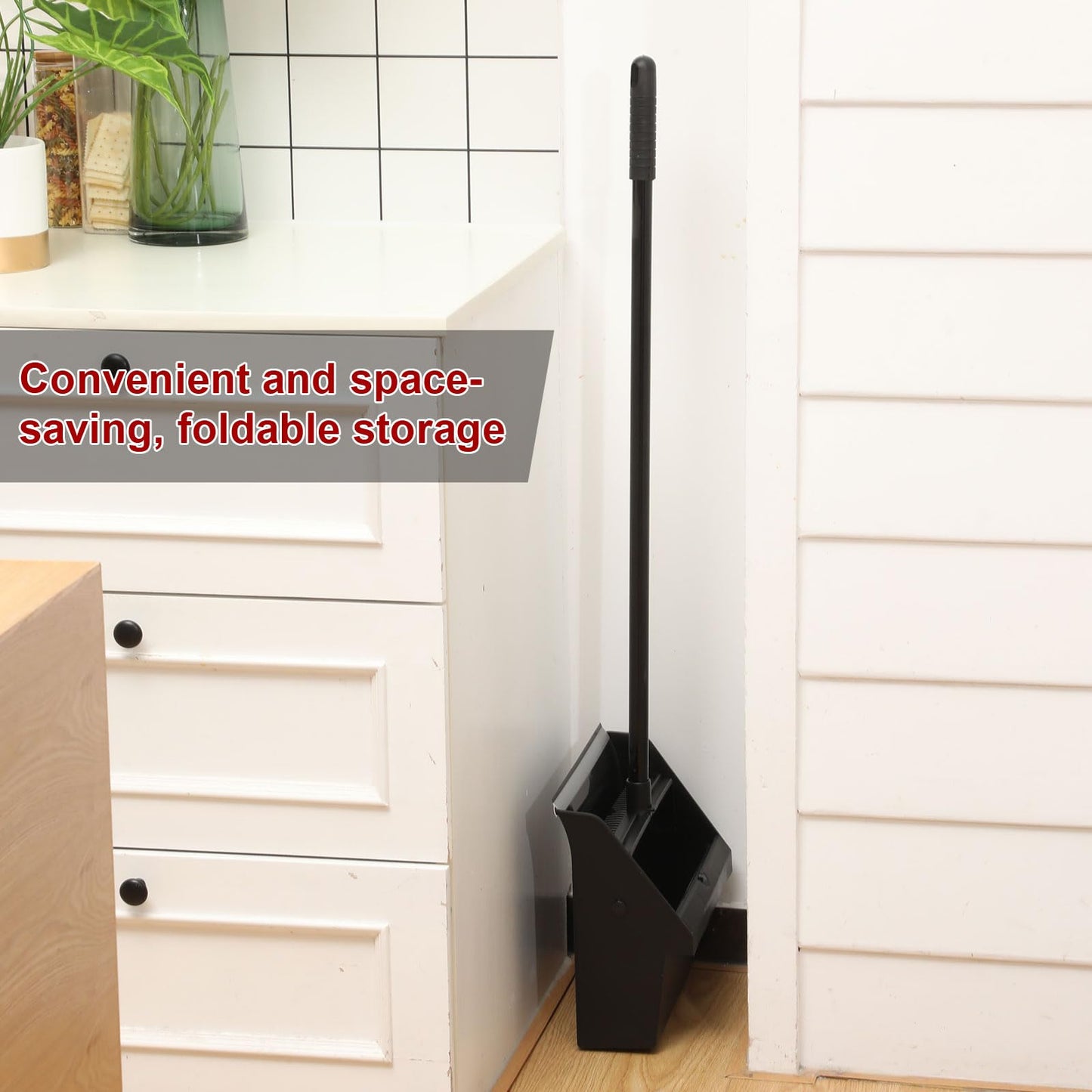Leumoi 8 Pcs Dust Pans with Long Handle Set 36.6 Inch Commercial Dust Pan with Comb Large Plastic Stand up DustPans for Outdoor Indoor Restaurant Home Office Floor Cleaning (Black)