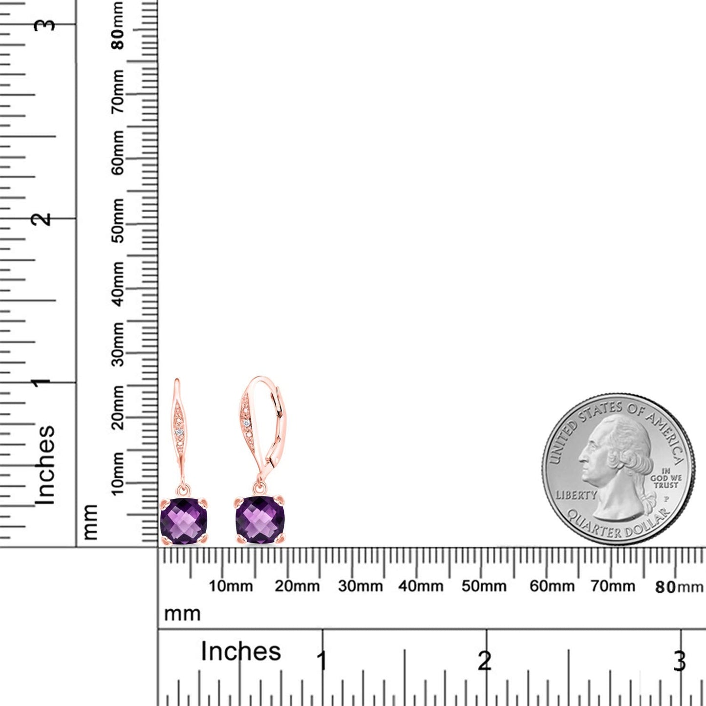 Gem Stone King Drop Dangle Earrings For Women | 7MM Cushion Cut Gemstone Birthstone and Diamond | 925 Sterling Silver | Jewelry Gift for Mom Wife Her | Amethyst-Checkerboard-February | Rose Gold
