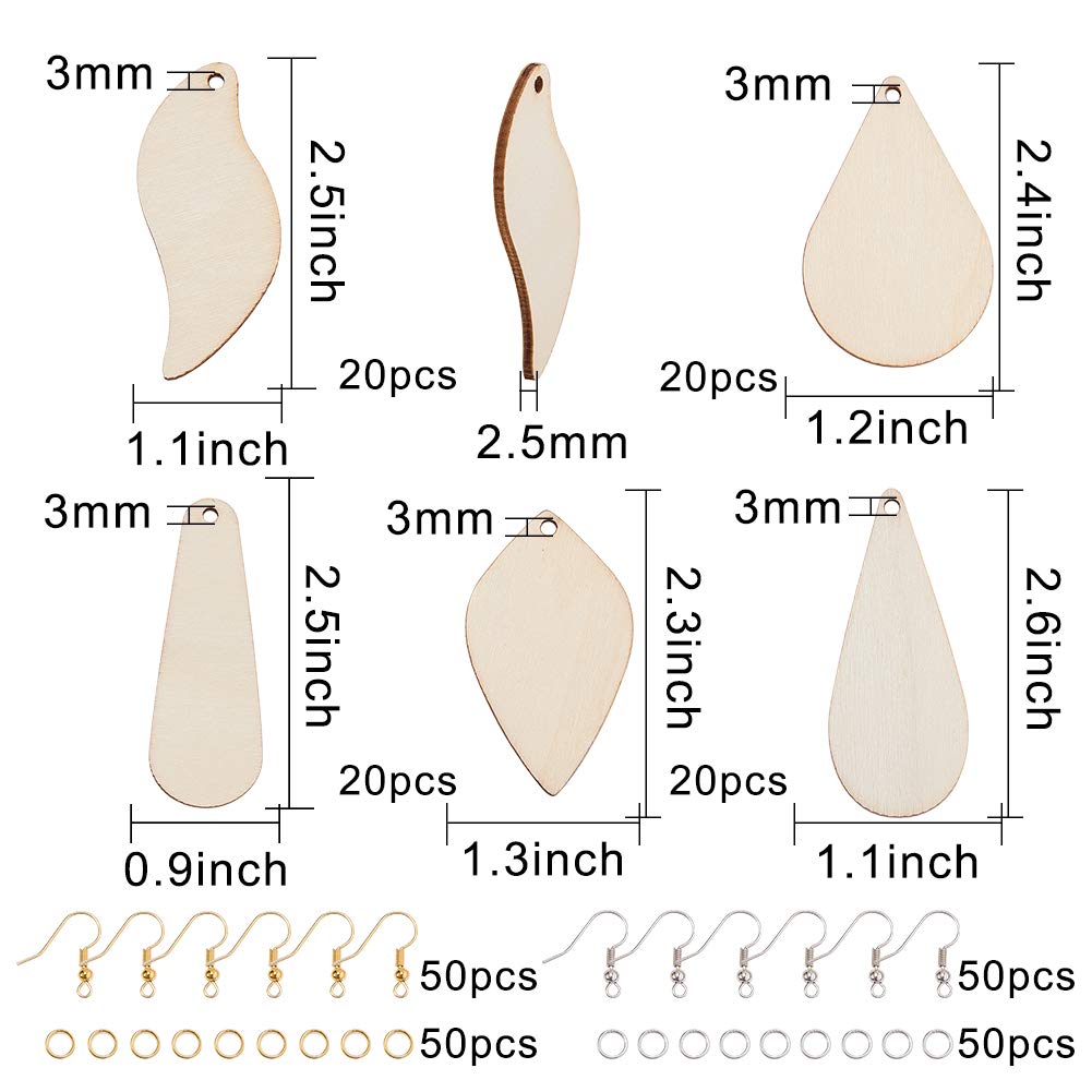 SUNNYCLUE 300Pcs 5 Shapes Unfinished Wooden Earrings Blanks Kit Unfinished Wood Large Charms Pendants Blank with Hole with 100Pcs Earring Hooks 100Pcs Jump Rings for DIY Jewelry Making Birthday Gifts