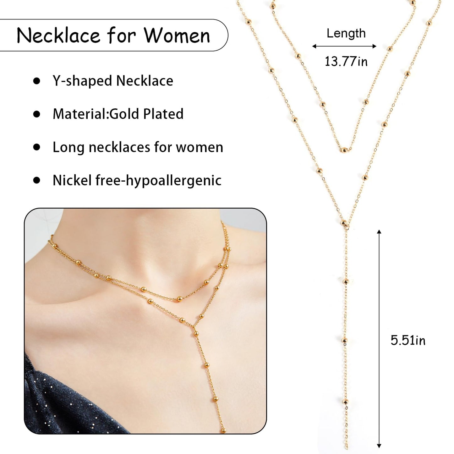 ENGCKSHI Necklace for Women, Dainty Long 14K Gold Y-Shaped Necklace Jewelry Trendy Beaded Layered Chain Drop Necklaces Jewelry Women Gifts