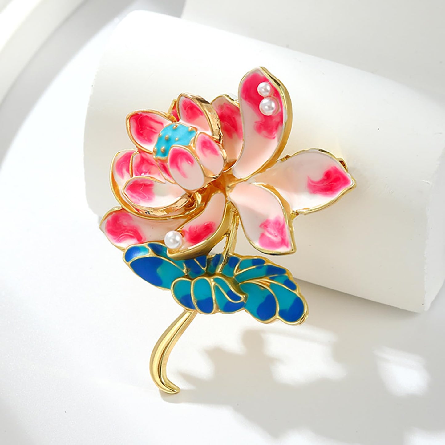 Enamel Lotus Flower Brooch Pin Vintage Pearl Flower Brooch Lapel Pin Jewelry Thanksgiving Day Mother's Day Wedding Gifts for Mom Wife