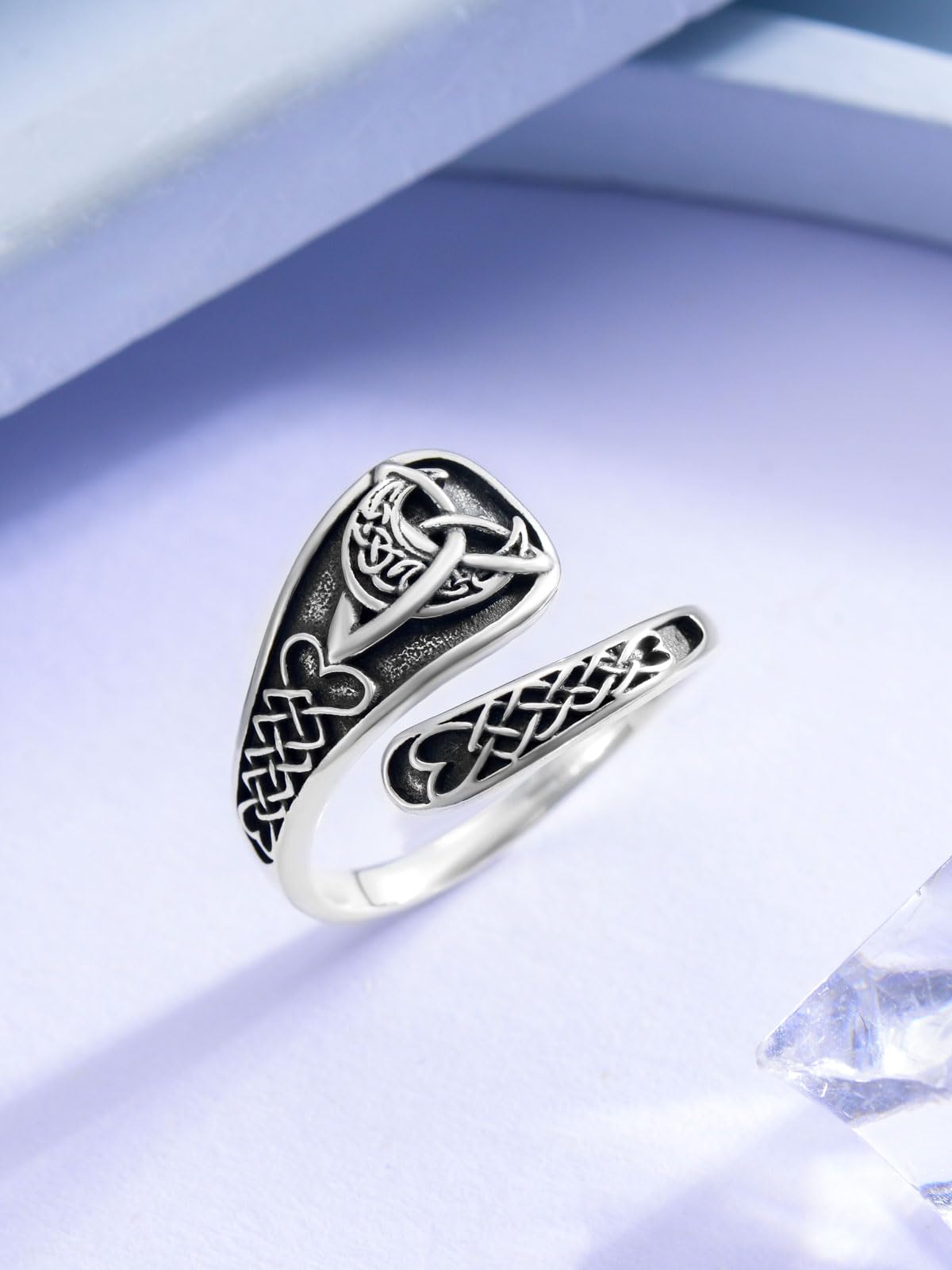 Midari Celtic Moon Spoon Rings - Sterling Silver Adjustable Vintage Celtic Knot Open Antique Rings - Women's Jewelry Gifts for Birthdays & Christmas (with Fine Box)
