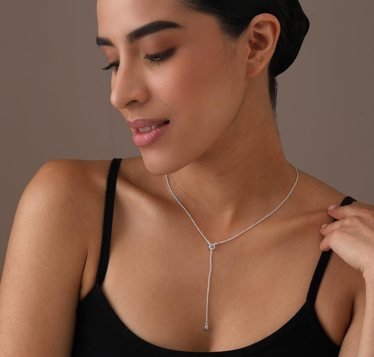 LeCalla 925 Sterling Silver Dainty Drop Adjustable Double CZ Lariat Necklace for Women Simple CZ Y Necklace Jewelry Cable Chain Necklace with Lobster Claw Clasp 18 Inches