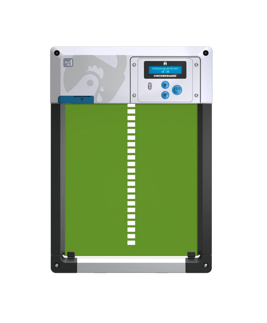 Automatic Chicken Coop Door Opener, ChickenGuard One in All 4 Colours, Timer/Light Sensing, Winter Mode, Auto-Stop & Predator Proof, 3 Power Options, Solar, Battery or Electric (Green + Batteries)