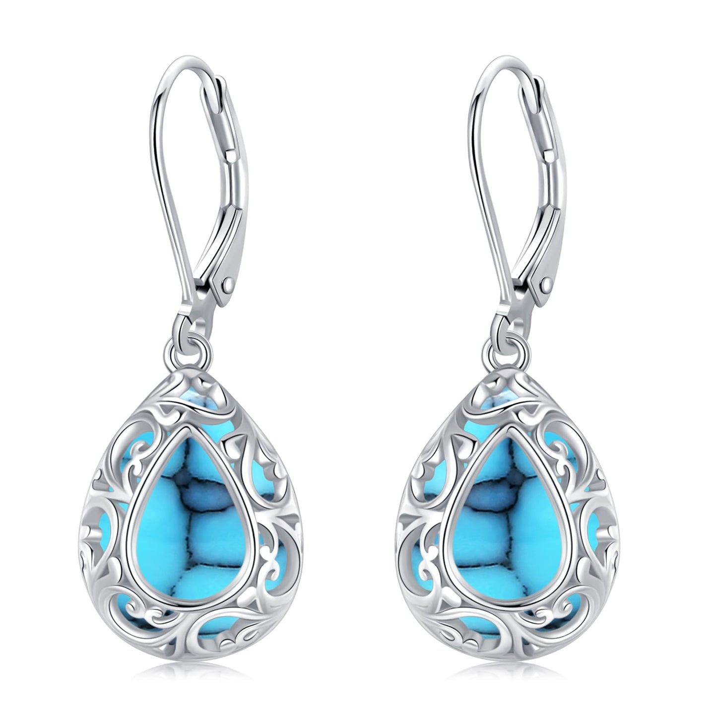 KoyeKei Filigree Turquoise Leverback Earrings for Women 925 Sterling Silver Turquoise Teardrop Dangle Drop Earrings Filigree Jewelry Birthday Graduation Gifts for Lover Her Best Friend