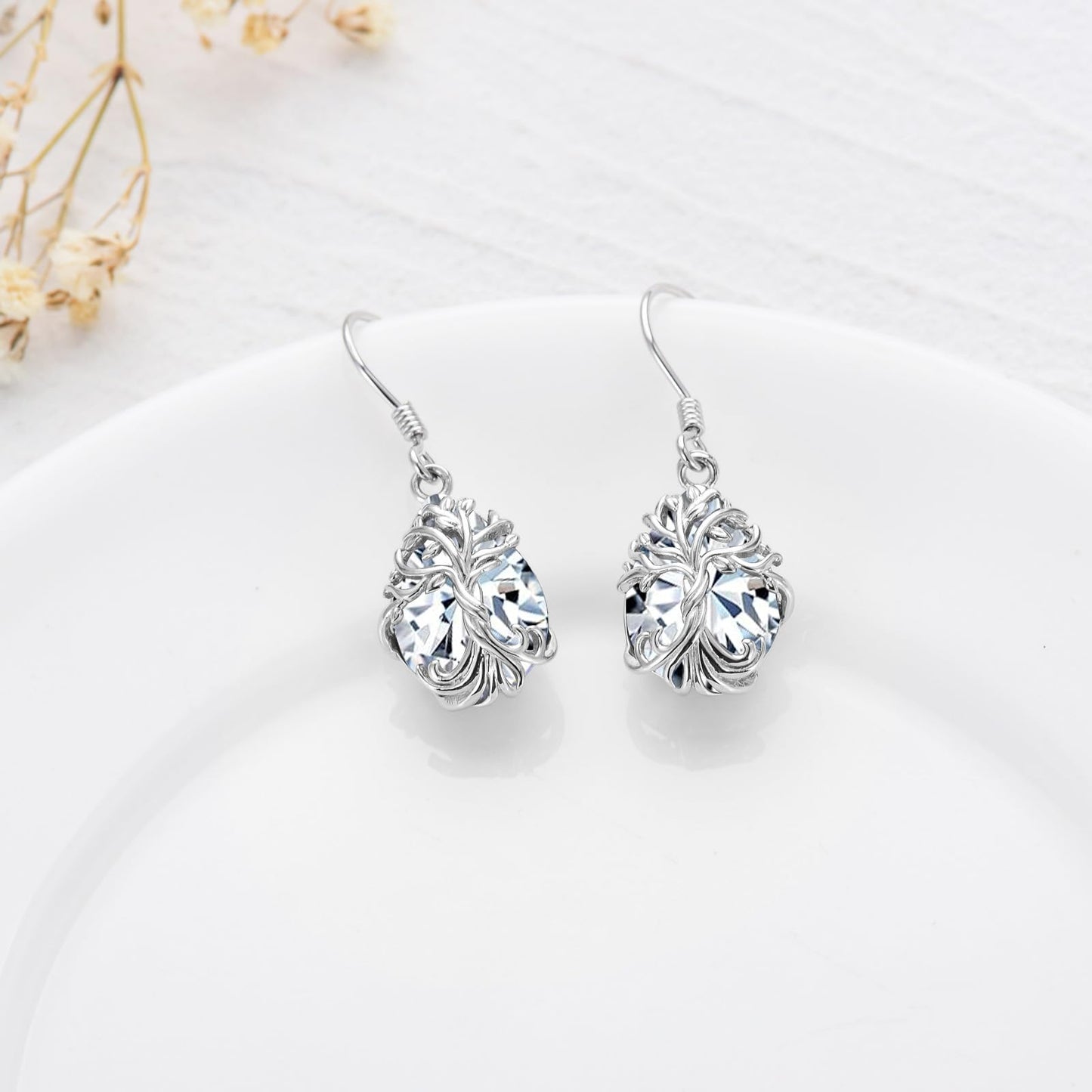 TOUPOP Diamond Tree of Life Earrings Sterling Silver Teardrop April Birthstone Earrings Family Tree Diamond Jewelry Birthday Mothers Day Gifts for Women Mom Her