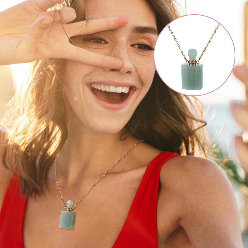 PH PandaHall Stone Essential Oil Necklace, Natural Green Aventurine Perfume Bottle Necklace Rectangle Crystal Perfume Vial Necklaces with Golden Chain for Women Jewelry, 1 Piece