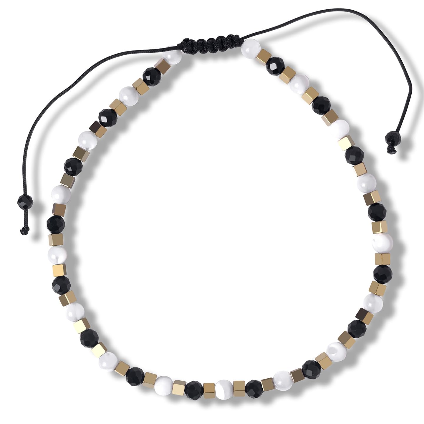 BEADSENER Black Onyx Adjustable Charming Bracelet for Women, 3mm Natural Shell Gemstone Hematite Stone Beads, Pull String Slider Metal Free Design Waterproof, Gift for Her Daily Wear