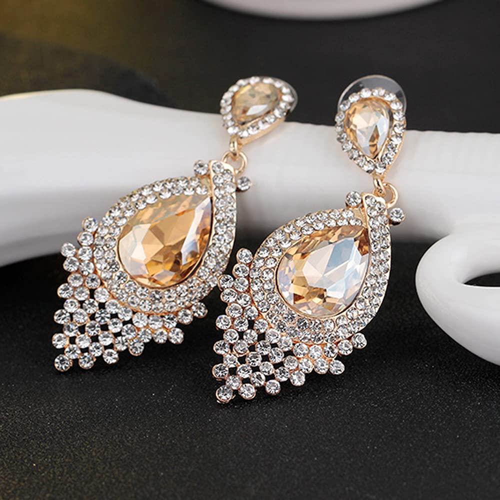 JWICOS Bridal Wedding Earrings for Women Brides Crystal Rhinestones Dangle Teardrop Chandelier Earrings for Prom or Pageant (champagne)
