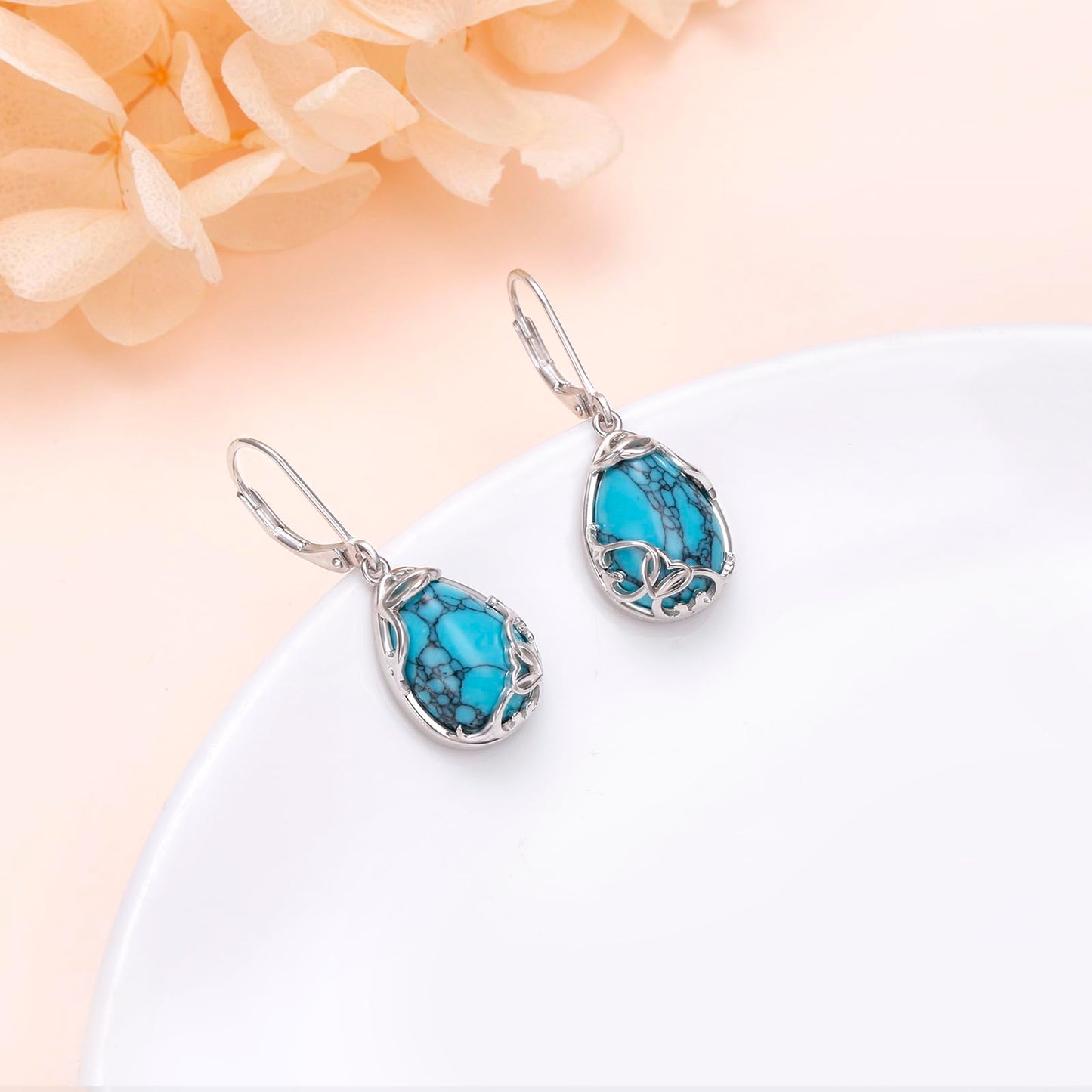 SHAOAN 925 Sterling Silver Heart Turquoise Dangle Earrings for Women Teardrop Earring Jewelry Gifts for Christmas Anniversary Birthday Valentine's Day