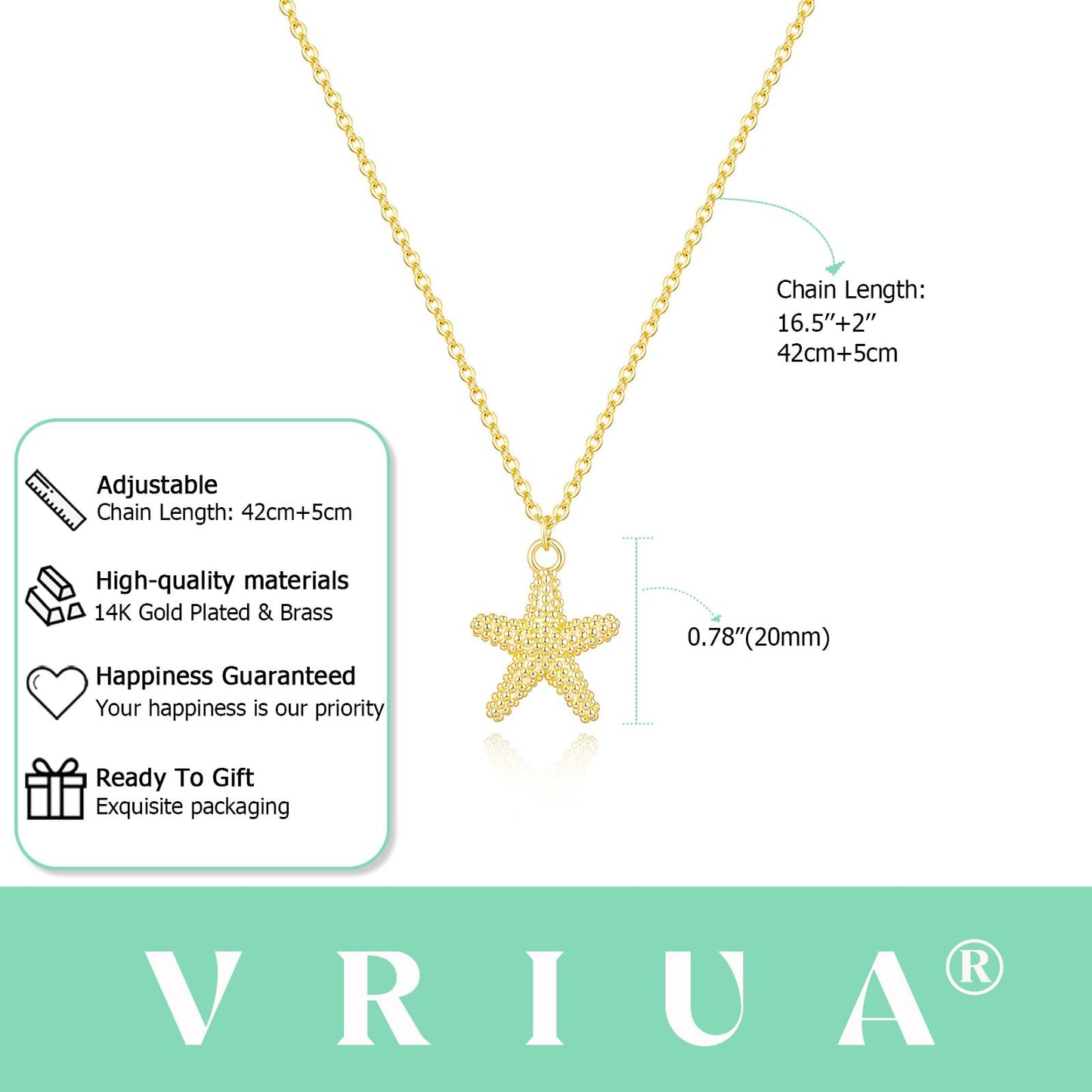 VRIUA Starfish Necklace for Women – 14K Gold Plated Starfish Pendant Necklace – Dainty Ocean Beach Jewelry Gift