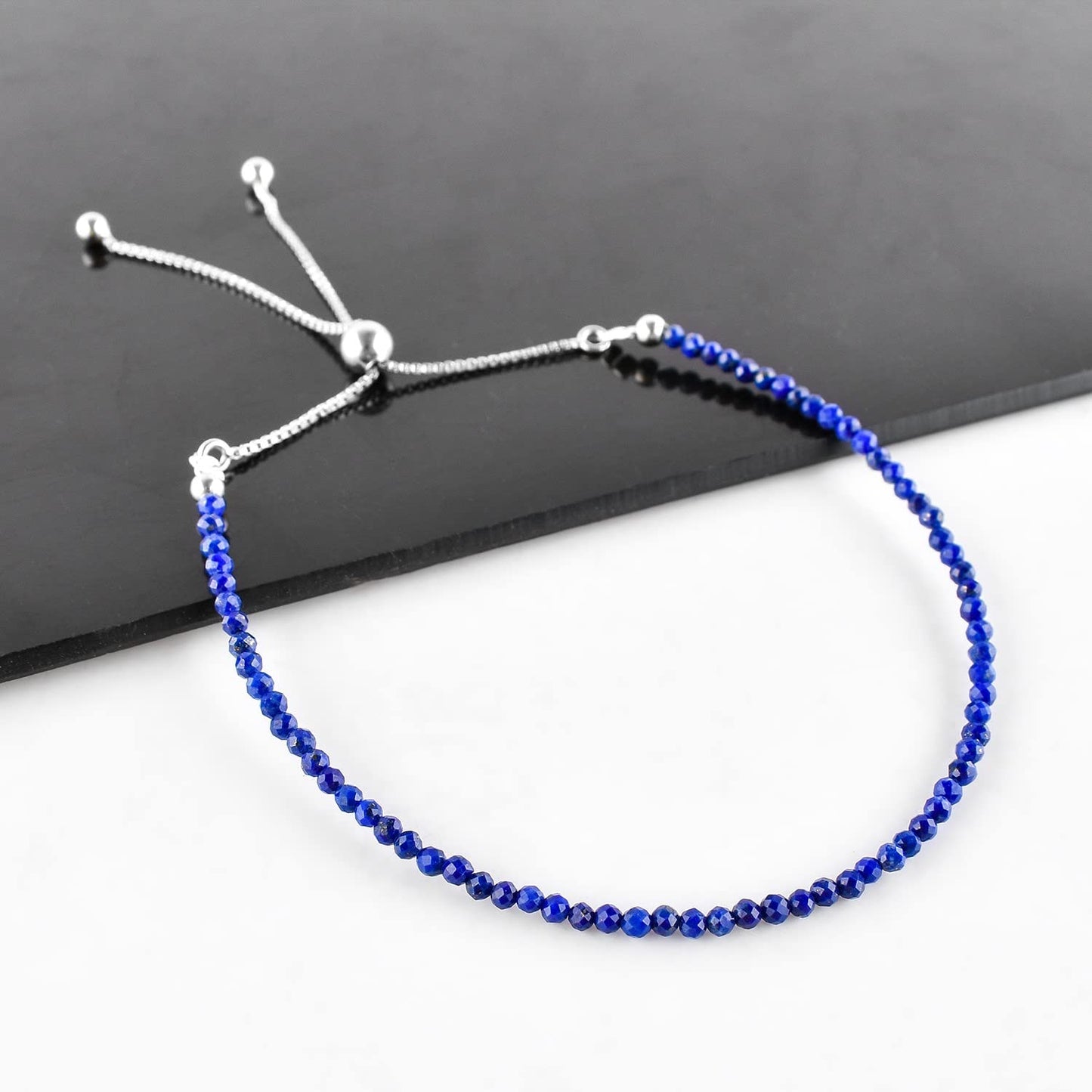 OdrillionGems A+ Genuine Lapis Lazuli Stone Beads Bolo Bracelet Natural Gemstones Crystals Handmade Minimalist Jewelry Rhodium Plated 925 Sterling Silver Adjustable Slider Chain 10 inch