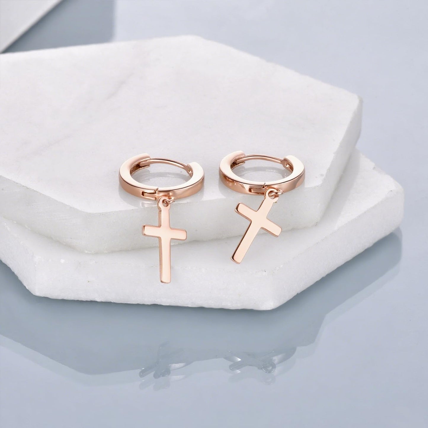 Sterling Silver Hanging Hoop Cross Earrings Rose Gold Plated Cross Dangle Drop Earrings for Women Religious Jewelry Gifts