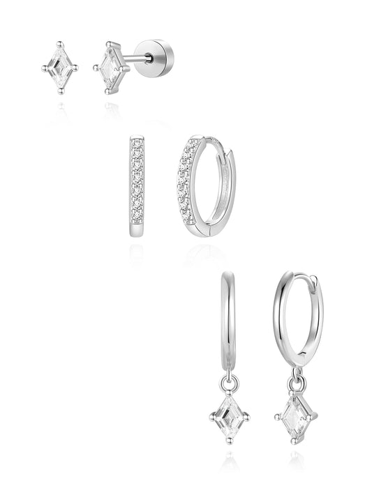 3 Pairs 925 Sterling Silver Hoop Earrings Set for Women, Hypoallergenic Silver Earrings for Multiple Piercing, Dainty Flat Back Stud Dangle Earring Stacks for Women Trendy Non Tarnish Jewelry Gifts