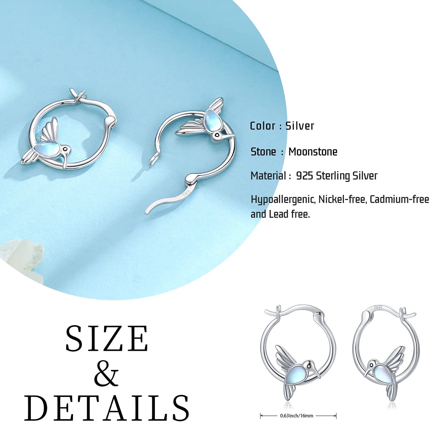 Sterling Silver Hummingbird Huggie Hoop for Women Hummingbird Moonstone Earrings Jewlery Graduation Gifts for Women Daughter Her Sensitive Ears