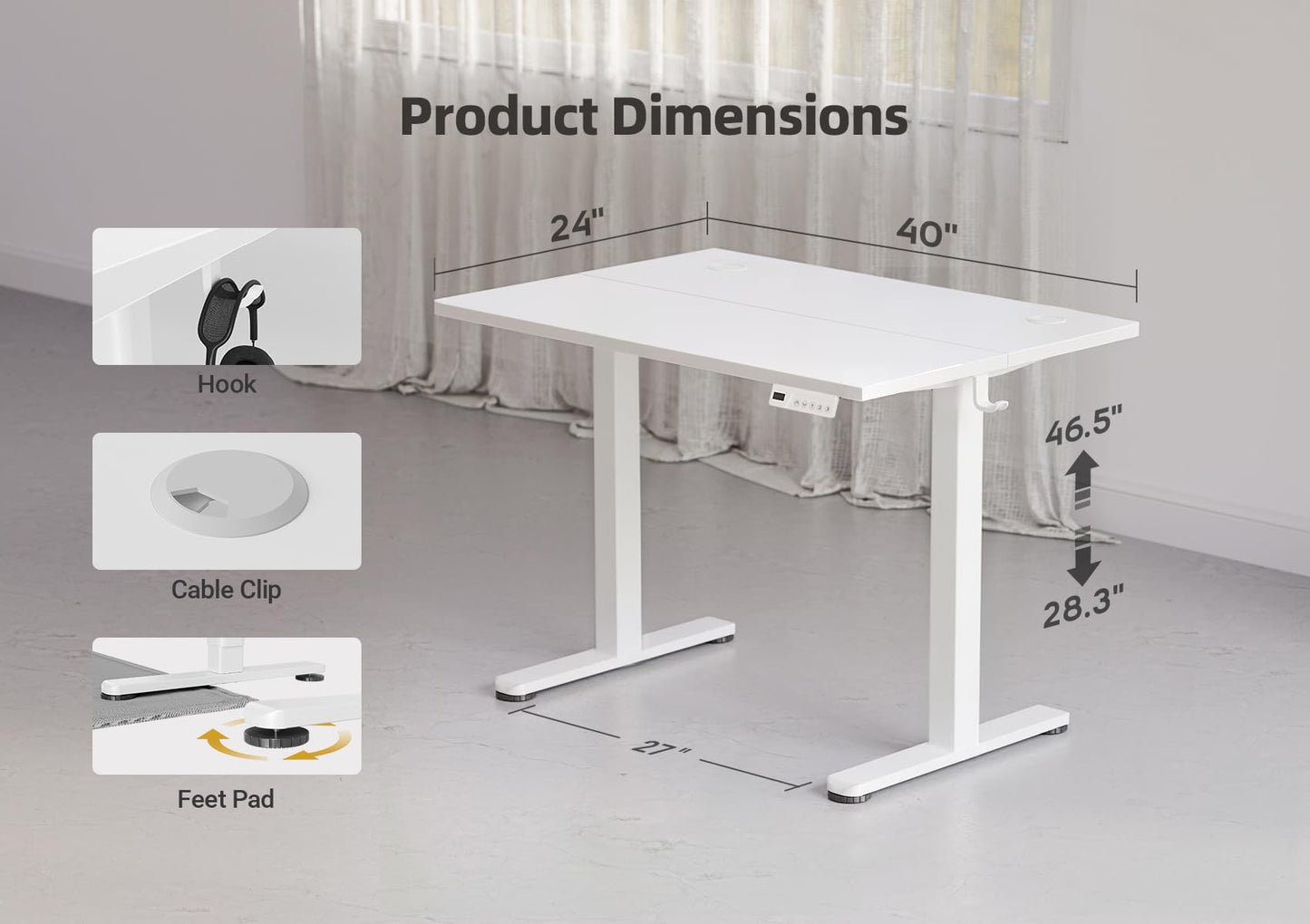 YDN Electric Standing Desk Adjustable Height, 40 x 24 Inches Stand up Desk with Cable Management, Home Office Desks with Splice Board & White Frame, White Top