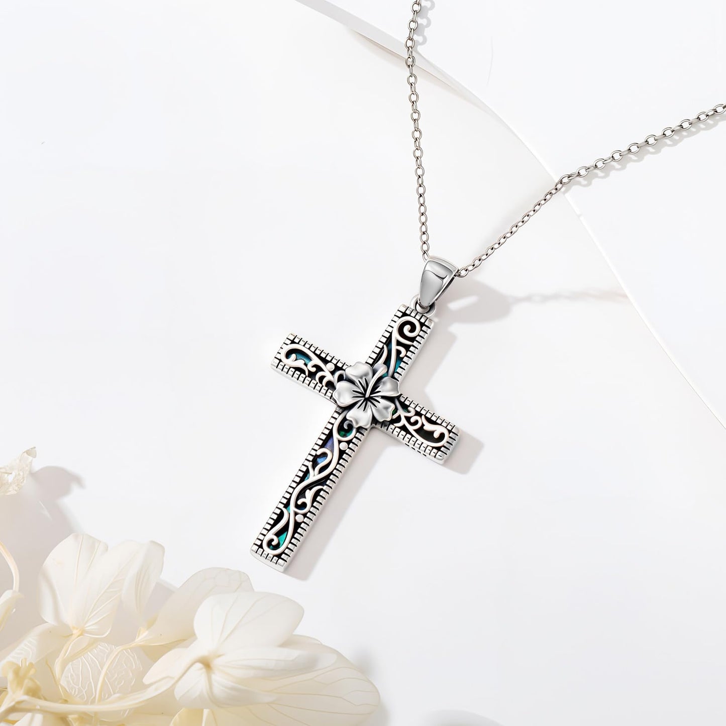Hibiscus Necklace for Women 925 Sterling Silver Hawaiian Hibiscus Flower Necklaces Filigree Cross Religious Pendant Faith Hawaii Graduation Jewelry with Abalone Shell Mothers Day Gifts for Mom Sister Wife
