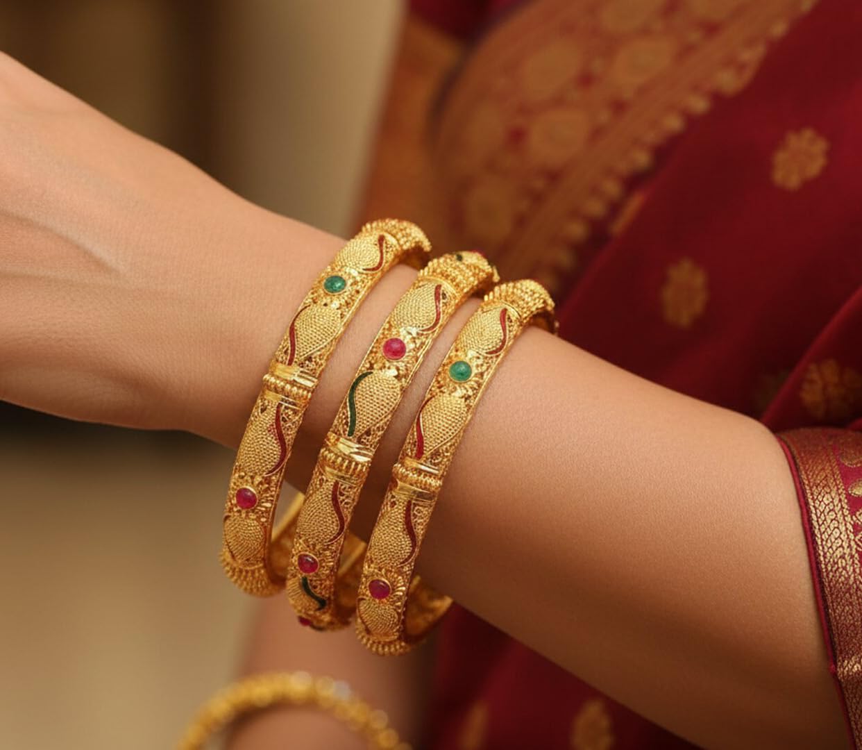 Touchstone "Golden Bangle Collection Indian Bollywood Desire Beautifully Carved Conch Shell Inspired Faux Ruby Emerald Thick Designer Jewelry Bangle Bracelets. Set of 4. in Gold Tone for Women.