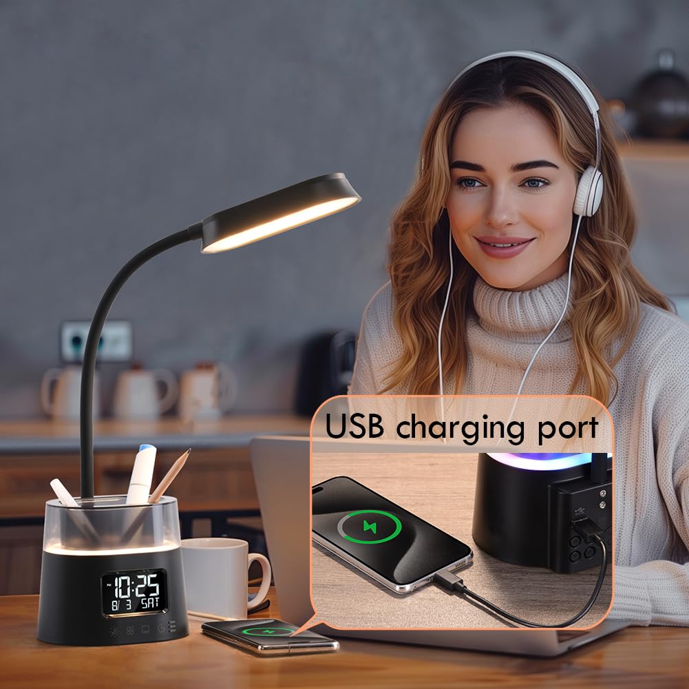 WILIT LED Kids Desk Lamp, Dimmable Study Lamp for Home Office Desk Accessories, with Pen Holder & Clock, USB Charging Port, RGB Night Light, Bedroom & College Dorm Room Essentials for Girls - Black