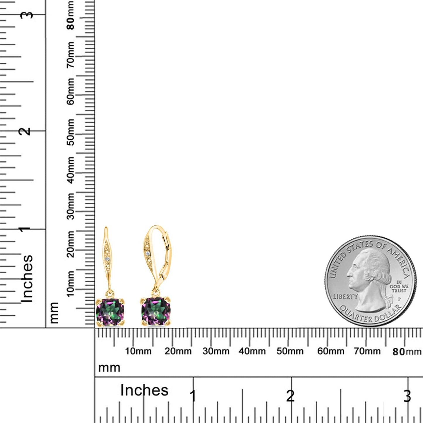 Gem Stone King Drop Dangle Earrings For Women | 7MM Cushion Cut Gemstone Birthstone and Diamond | 925 Sterling Silver | Jewelry Gift for Mom Wife Her | Green Mystic Topaz | Yellow Gold