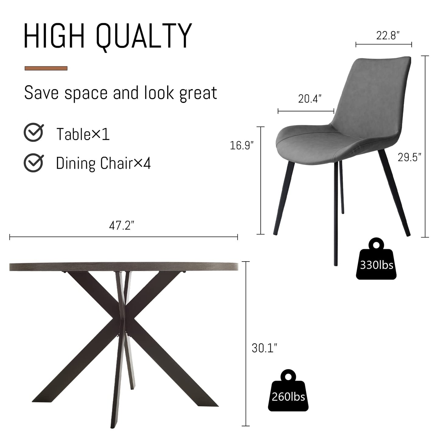 Zerifevni Round Dining Table Set, Mid Century Modern 47 INCH, Leisure Coffee Table, Saving Space (Grey)