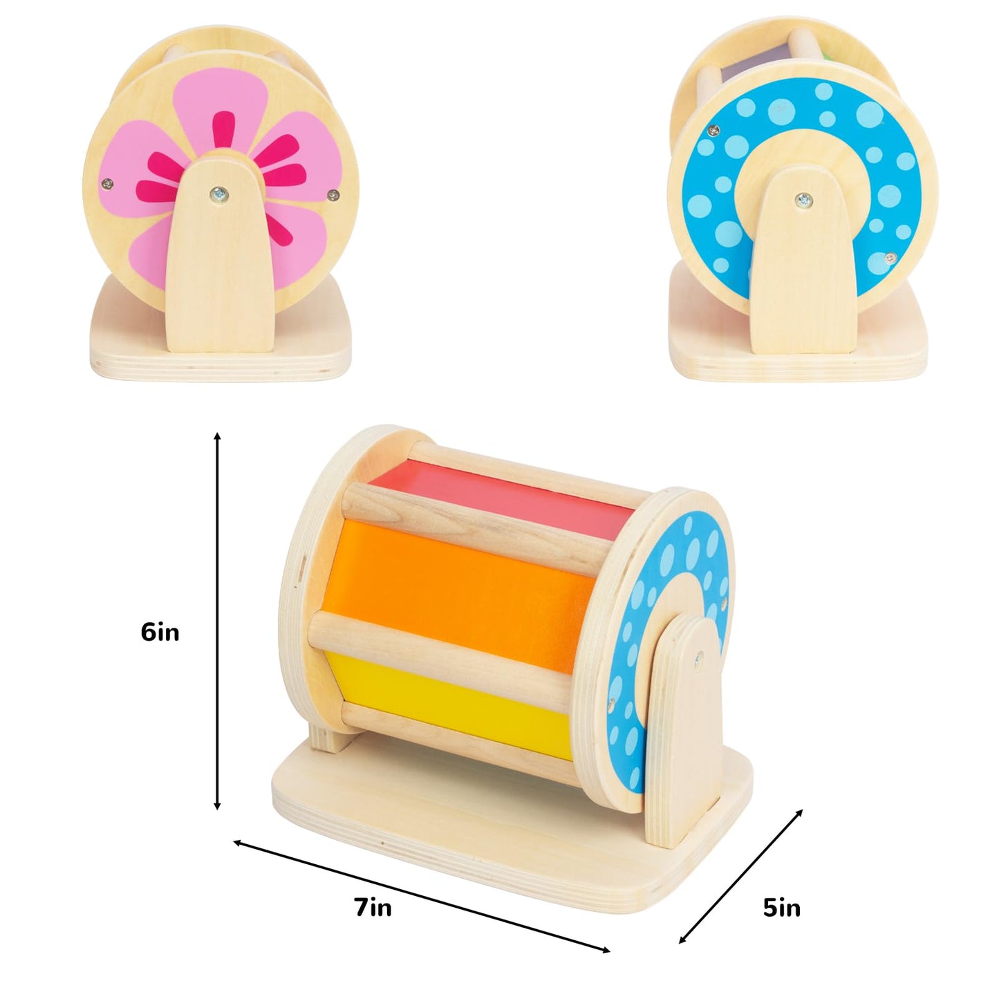 Montessori Spinning Drum Baby Toys, Wooden Tummy Time Mirror Play Kit and Rainbow Fabric Ball Kit Toys for 1 2 3 Years Toddlers