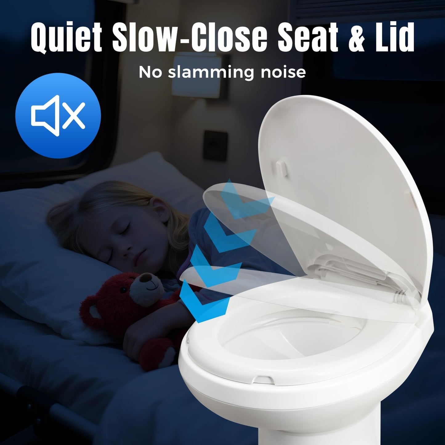 Clirass Efficient Gravity-Flush RV Toilet with Quiet-Close, Triple-Jet Flush with Adjustable Water Level, Standard Height and Foot Pedal for RVs, Trailers, and Campers