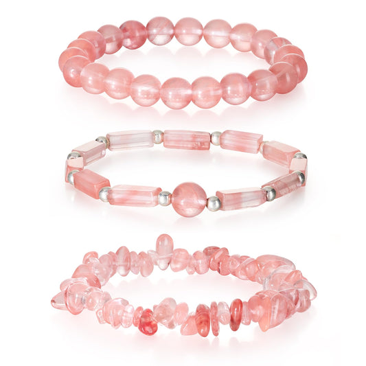 3 Pcs Watermelon Cherry Quartz Bracelet for Women 8mm Watermelon Quartz Crystal Bracelet for Women Hematite Jewelry Natural Healing Protection Stone Bracelets Beaded Bracelets Gift for Men Women