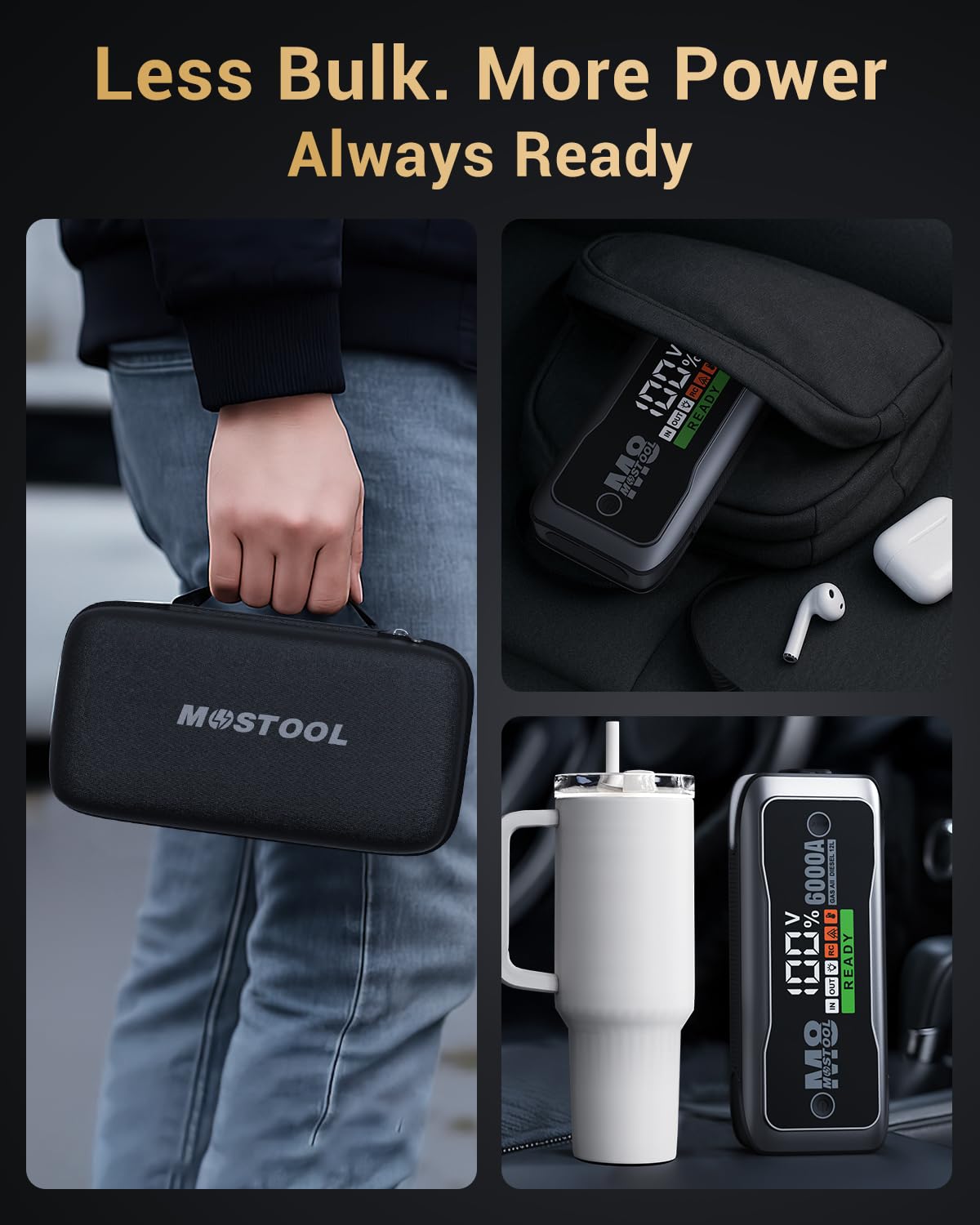 MOSTOOL M8 6000A Car Battery Jump Starter with Smart HD Display, 12V 24000mAh Battery Jump Pack, Portable Jump Box with Jumper Clamps 400-Lumen LED, Rugged Kit for All Gas & Up to 12.0L Diesel
