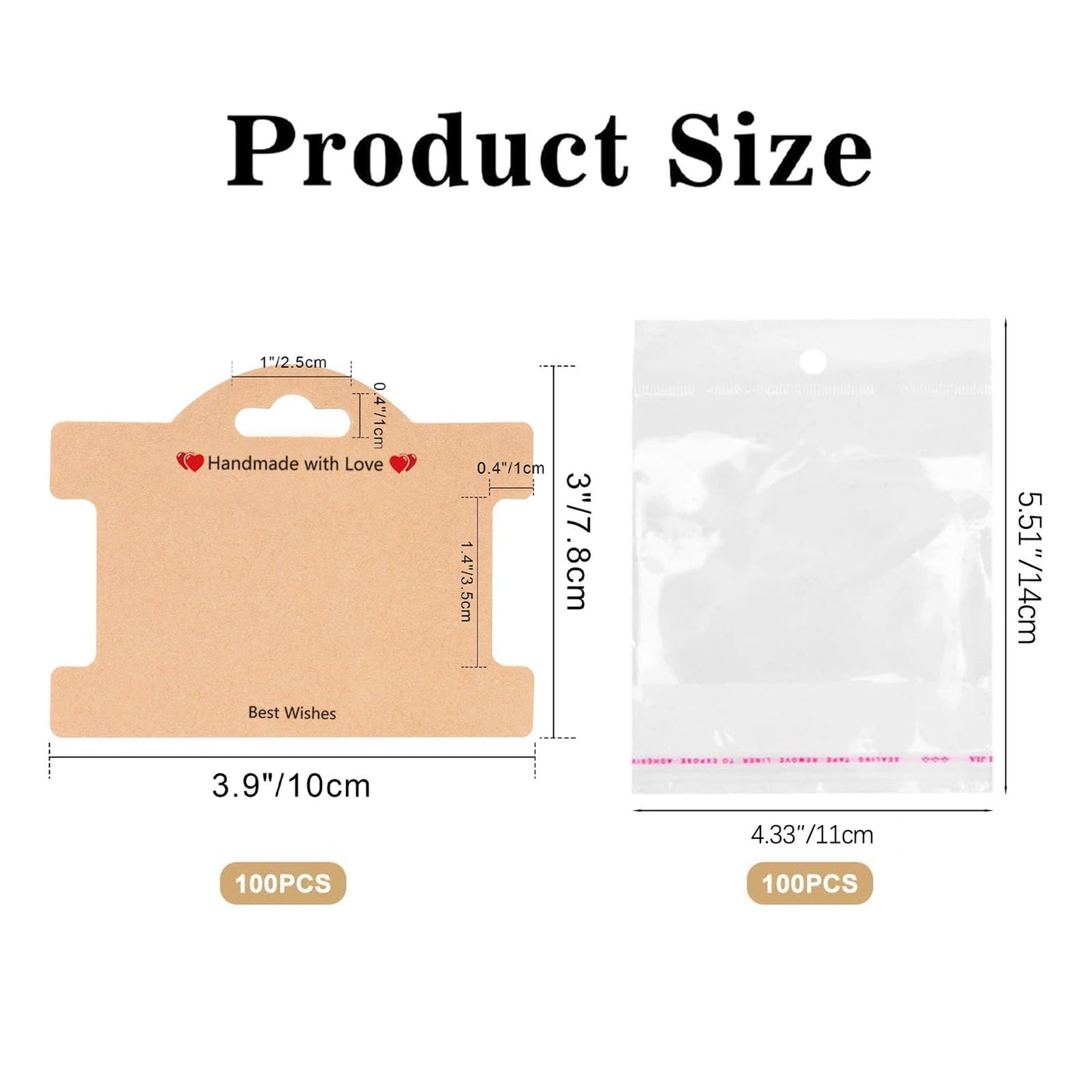 100Set Jewelry Display Cards, Bracelet Display Cards with Clear Bags for Small Business of Hair Ties, Bracelet, Necklace, Hair Scrunchies (Brown)
