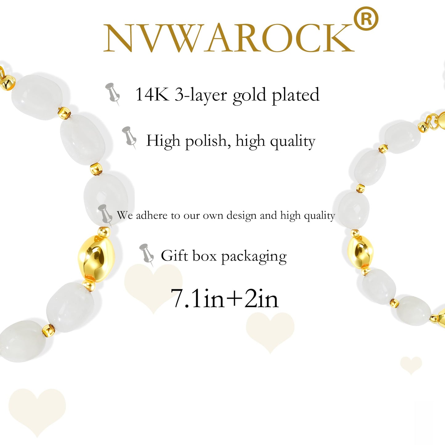NVWAROCK Beaded Bracelet for Women, Gemstone Bracelet, 14K Gold Plated Stackable Handmade Oval Stone Bracelet Jewelry Gift - White