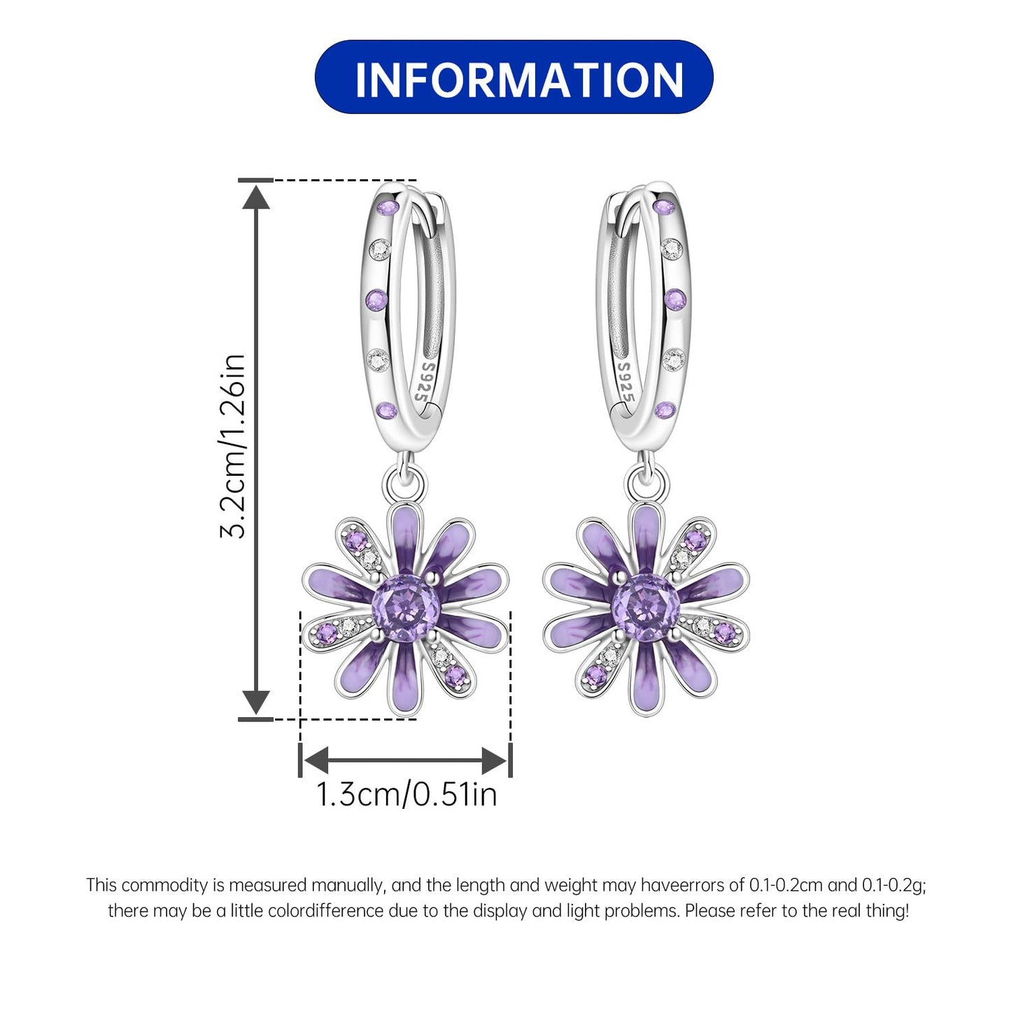 vireau 925 Sterling Silver Drop Earrings Dragonfly Flower Moon Star Dangle Earrings Hypoallergenic Sterling Silver Earrings Jewelry for Women (Purple Daisy)