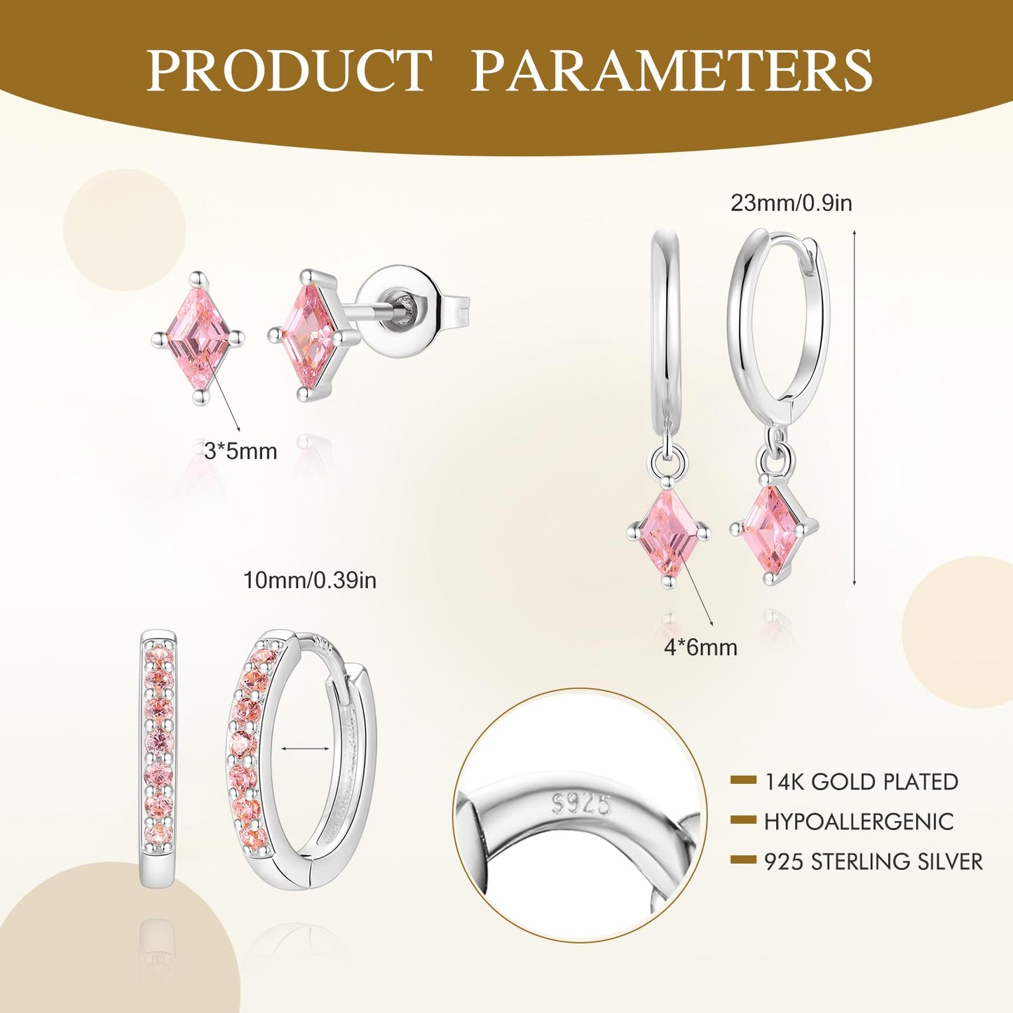 3 Pairs Sterling Silver Pink Earrings Set for Women, Hypoallergenic Silver Hot Pink Earrings for Women Dangling, Dainty Huggie Hoop White Earring Stacks Stud Earring Trendy Red Jewelry Gifts