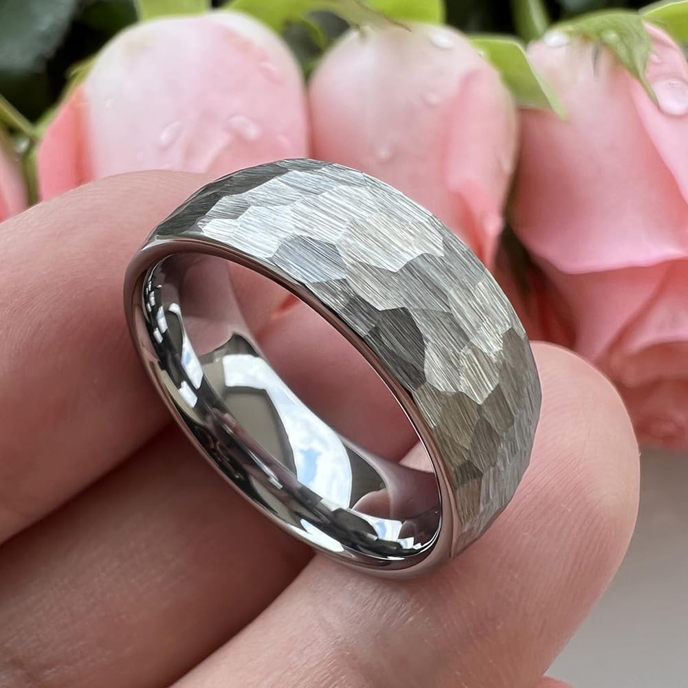 TUTISS 8mm Hammered Tungsten Carbide Rings for Men Women Engagement Wedding Bands Domed I Love You Engraved Comfort Fit Size 9