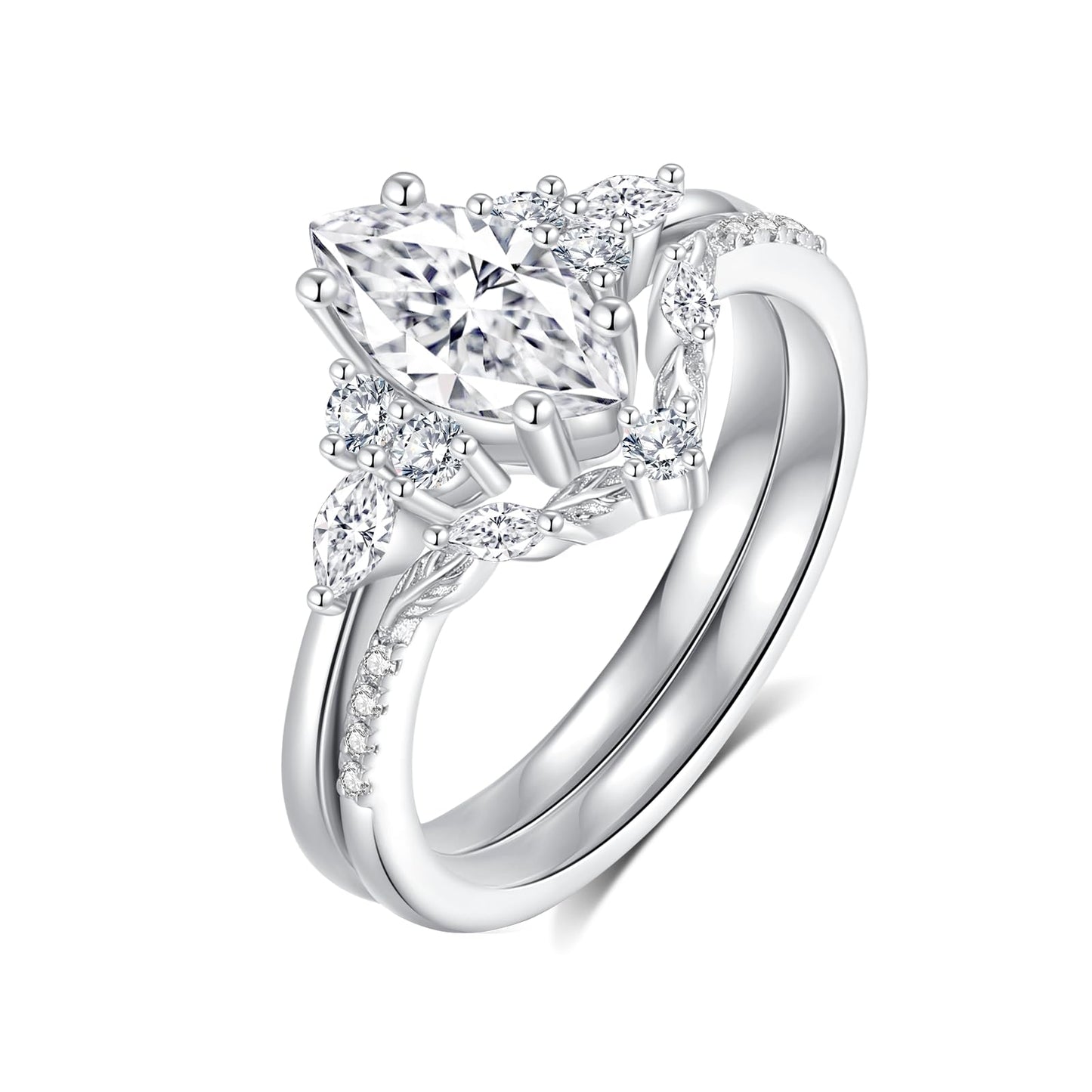 Jaransheti Marquise Cut Moissanite Engagement Ring Set For Women 18 K White Glod Plated S925 Sterling Silver Moissanite Wedding Band and Ring Set Vintage Ring Jewelry Gift(S9)