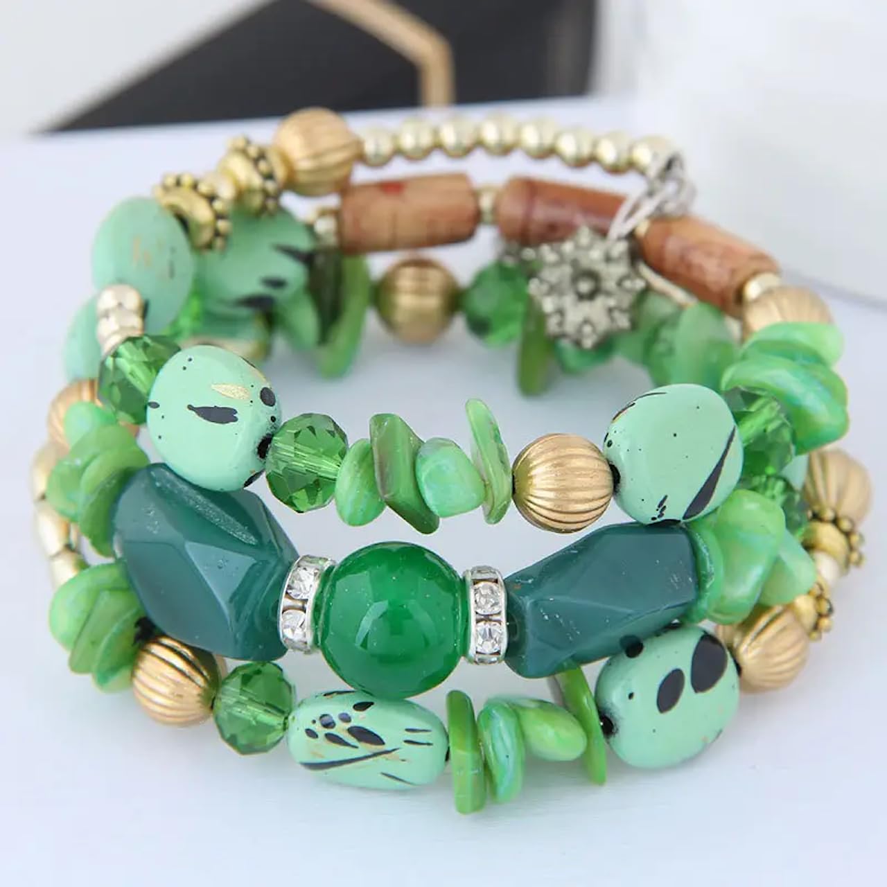 Jewellify Women Retro Crushed Natural Stone Bracelet Multi-Layer Winding Shell Beaded Bracelets (Green)