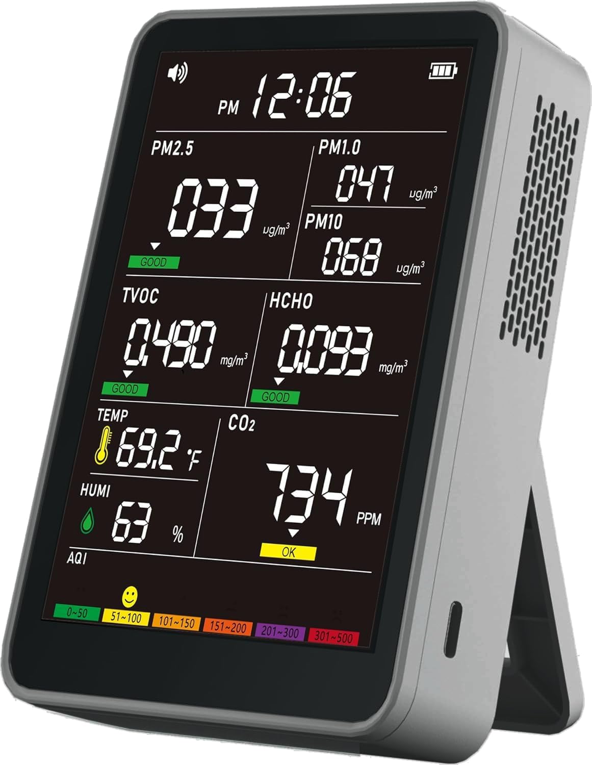 Professional Indoor Air Quality Monitor with AQI, Portable Real-Time Detector for Home Cars Plants and Pets (Gray)