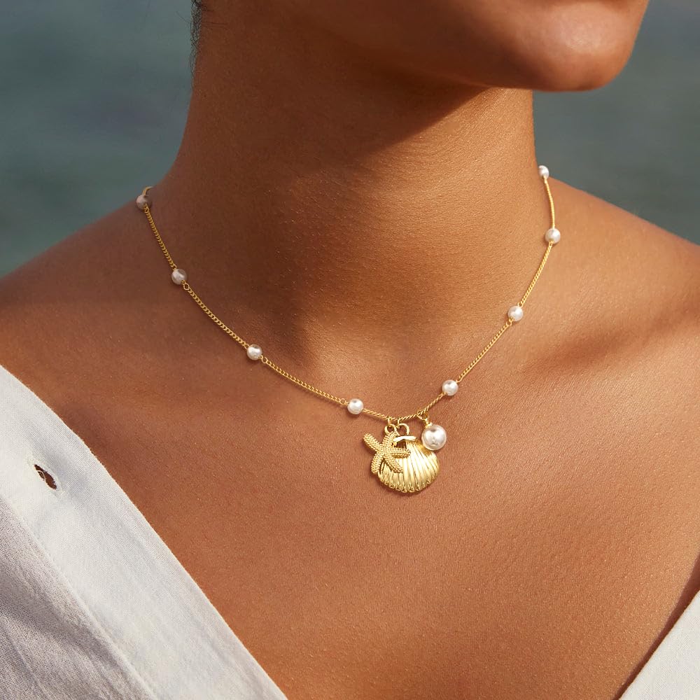 Picuzzy 14K Gold Plated Starfish Seashell Pendant Necklace for Women Trendy, Sea Star Fish Shell Beach Necklace Ocean Coastal Tropical Nautical Vacation Summer Jewelry Pearl Accessories for Women