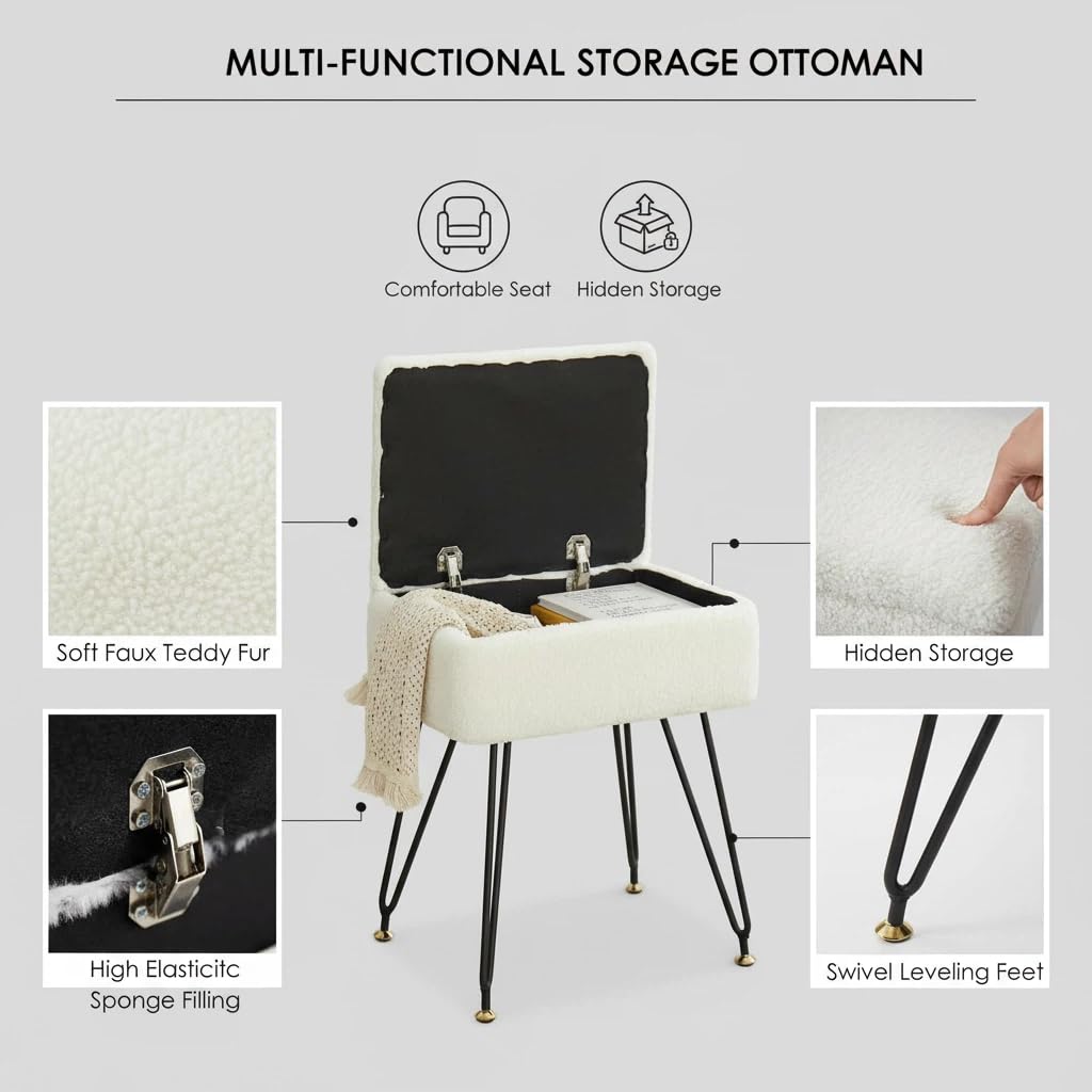 Leesingdo Vanity Stool Chair, Faux Teddy Fur Ottoman Foot Stool with Metal Legs & Adjustable Black Feet, Flip Top Storage Makeup Chair with Soft Padded Seat, Foot Rest for Makeup Room Bedroom, White