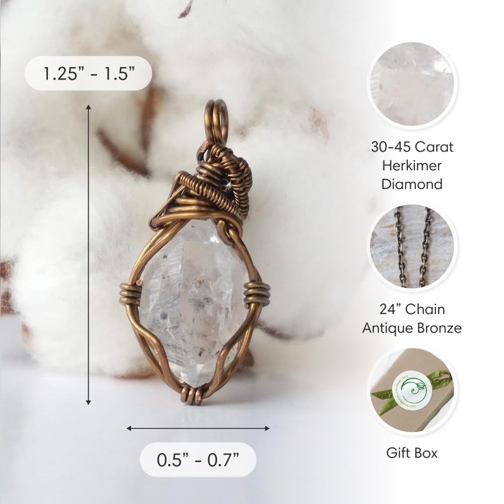 Designs by Nature Gems Natural Herkimer Diamond Necklace for Women - April Birthstone Necklace for Women - Designer Pendant Necklace - 30-45 Carat Herkimer Diamond, Antique Bronze Chain