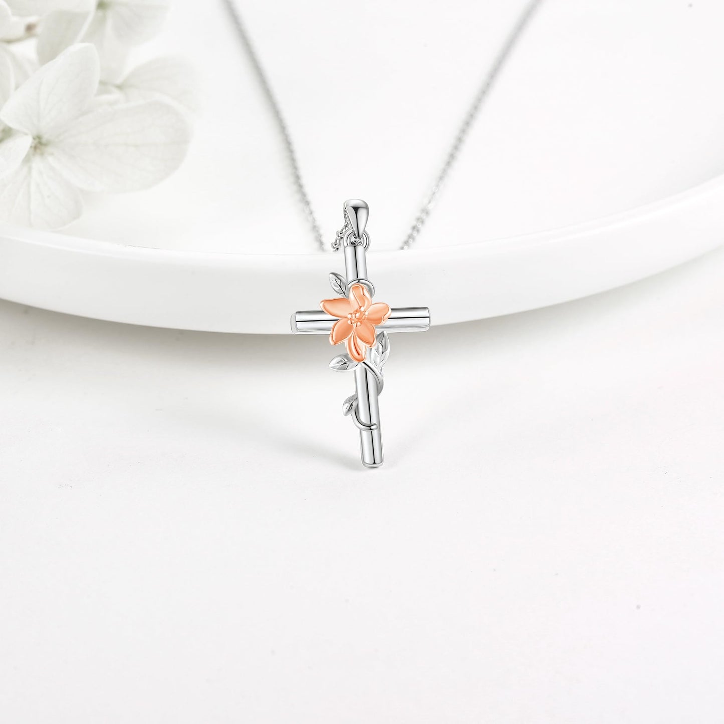 JERWLI Lily Necklace 925 Sterling Silver Lily Cross Pendant Necklace May Birth Flower Jewelry for Women