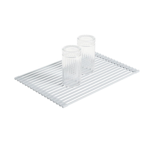 Restaurantware 16.93 x 12.99 Inches Stainless Steel Drying Rack - 12 Count - Clean Tek Professional Dish Drainer, Roll-Up, Non-Slip - Space-Saving Over-The-Sink Rack - Silicone Coated Gray